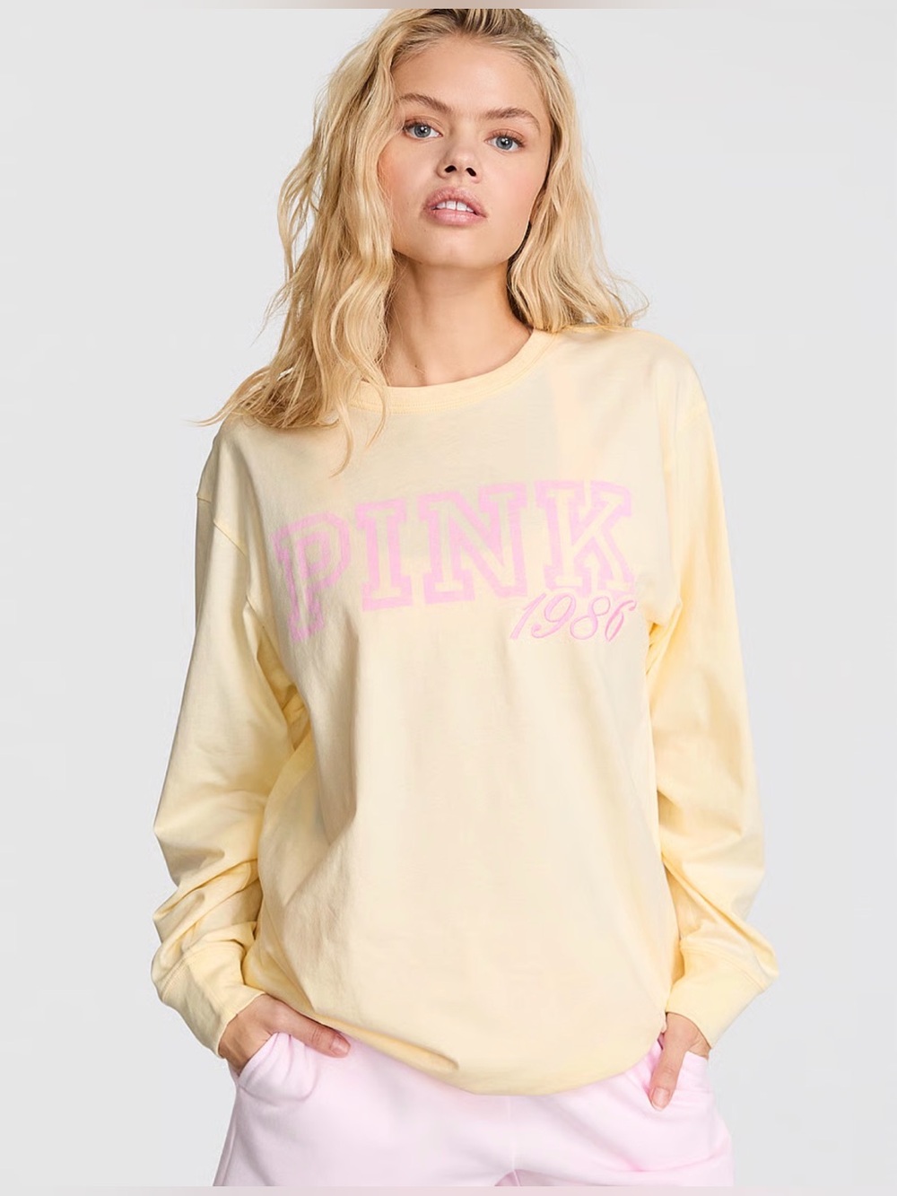 PINK Victoria's Secret Pale Yellow Long-Sleeve Crewneck with Pink Graphic